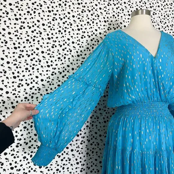 Lilly Pulitzer | Heline Turquoise Blue Gold Polka Dot Ruffle Plus Size Dress 16 - Picture 4 of 13